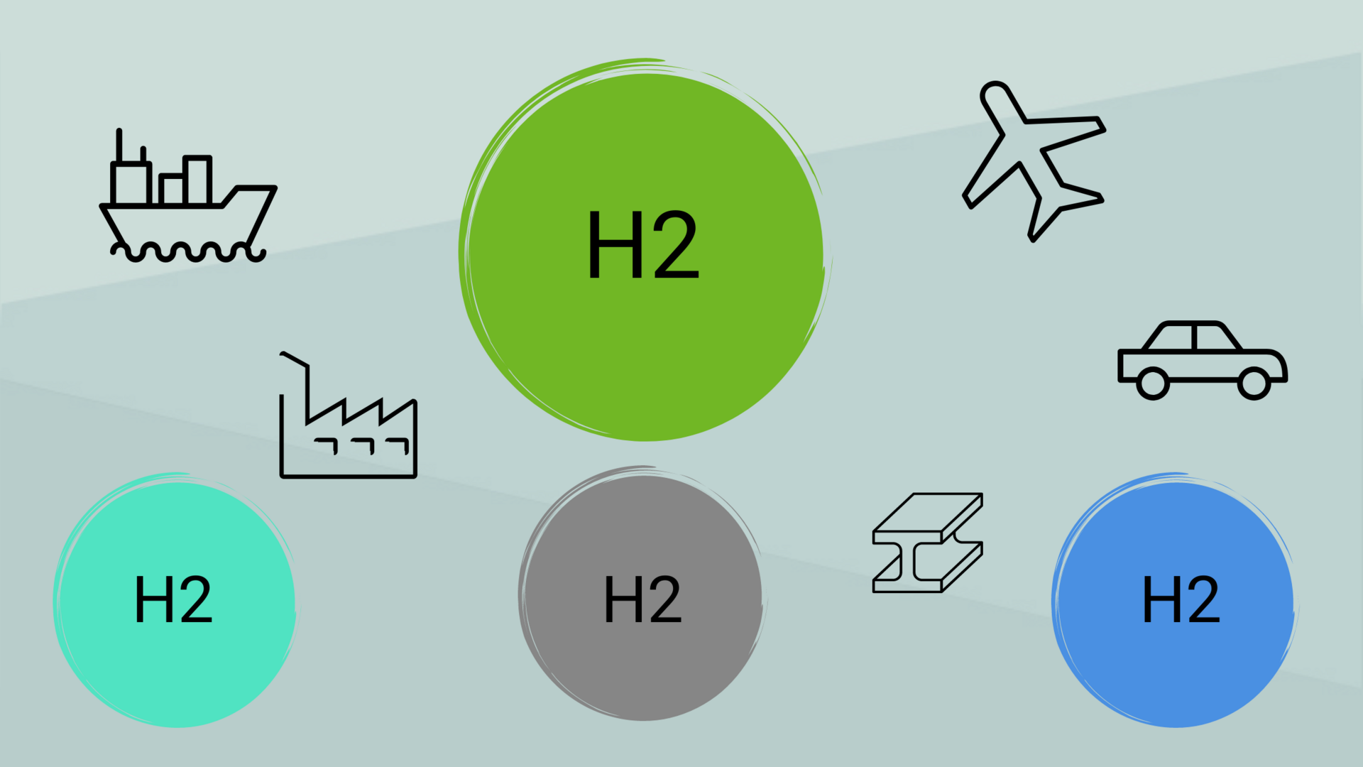 Symbole: Wasserstoff kann Energie speichern, mit der Maschinen und Fahrzeuge betrieben werden können.