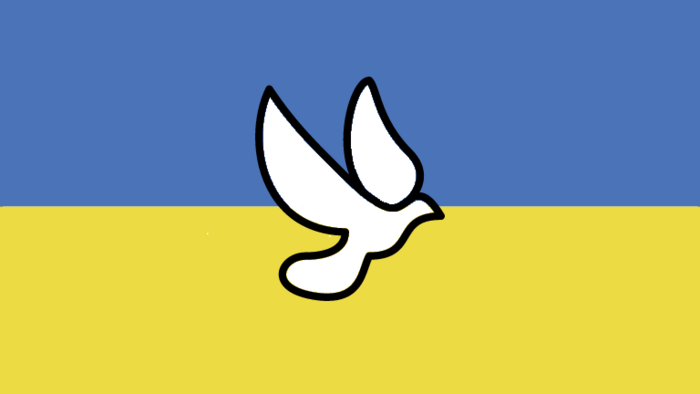 Eine weiße Taube auf einer Flagge der Ukraine