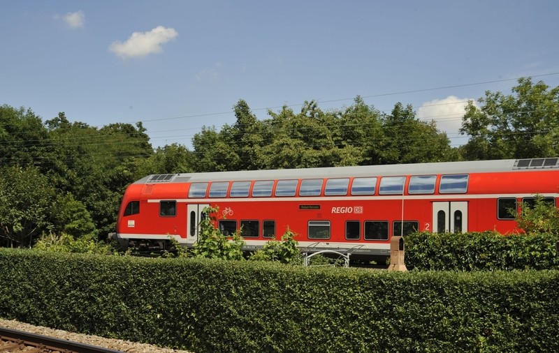 Ein Regionalzug der Deutschen Bahn fährt an Gärten vorbei.